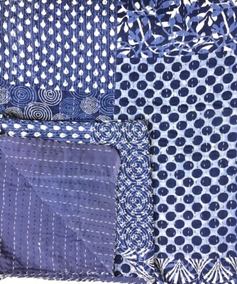 Indian Handmade Indigo Kantha Quilt Bedspread Throw Cotton Blanket Gudri Queen