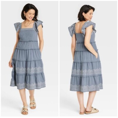 Knox Rose Dress Embroidered Ruffle Tiered Pockets Midi Cottagecore Size Small