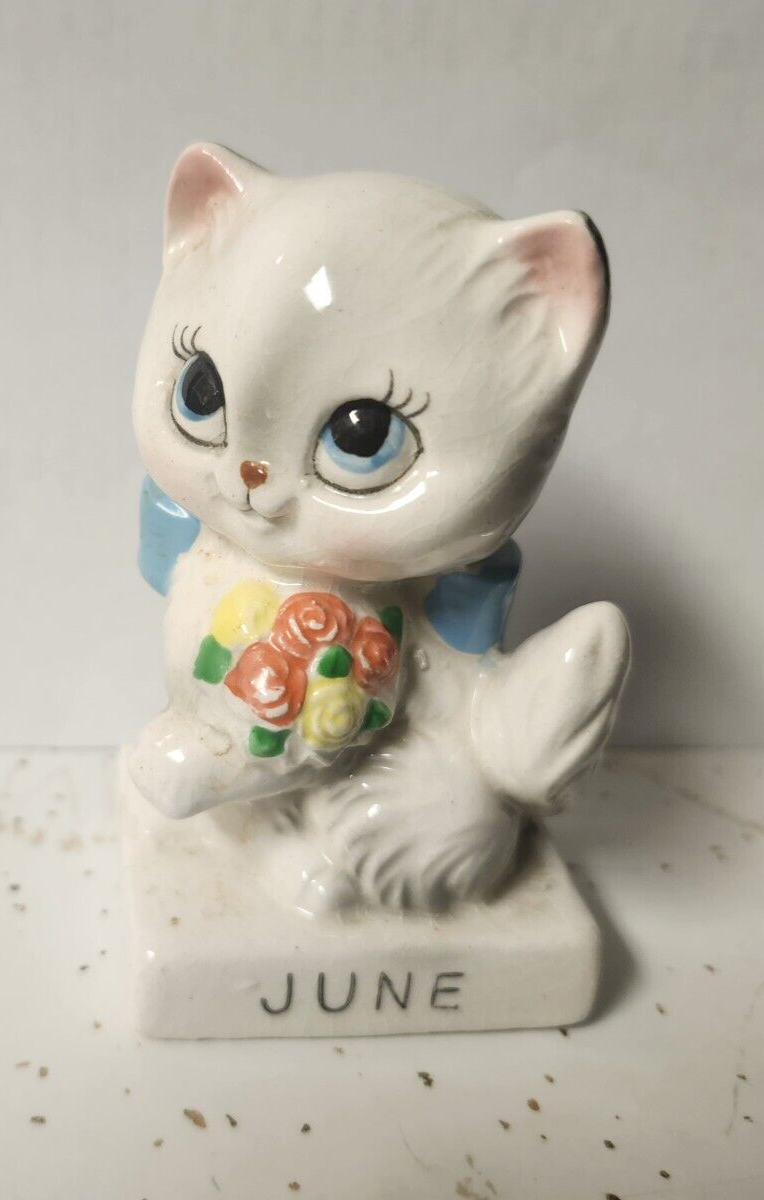 Norcrest Cat Kitty Birthday June Flowers Calendar Ceramic Figurine