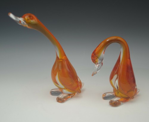 PAREJA DE PATOS DE CRISTAL DE MURANO ITALIA NARANJA TRANSPARENTE 9" MEDIADOS DE SIGLO MODERNO - Imagen 3 de 5