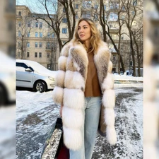 Women Fashion Real Golden Island Fox Fur Coat Genuine Notched Collar Fur Jacket