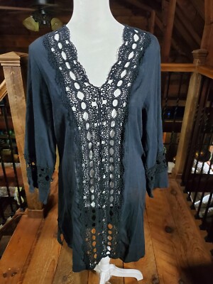 La Blanca Dress Womens Small Black Crocheted Lace Trim Tunic Cotton Goth Witchy