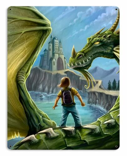 SCHOOL KID BACKPACK DRAGON CASTLE 15" HEAVY DUTY USA MADE METAL HOME DECOR SIGN - Picture 1 of 1