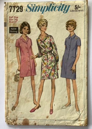 Vintage Simplicity 7729 Kleid mit Frontknöpfen 60er Schnittmuster - 14 1/2 Brustweite 37"