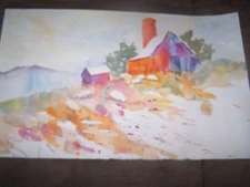 Original Watercolor By Peg Humphreys, Farm Scene 22" x 13.75"