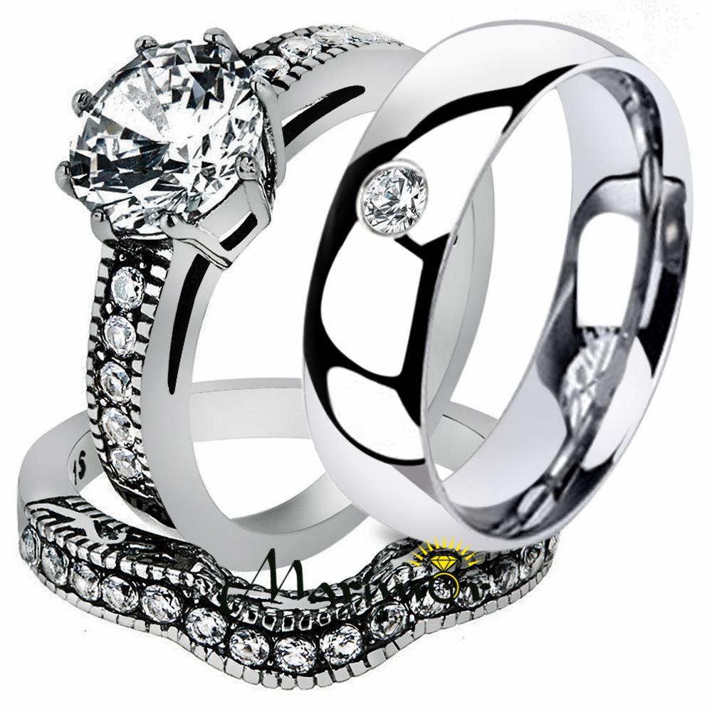 Hers and His Stainless Steel Vintage Bridal Ring Set Zirconia Wedding Band