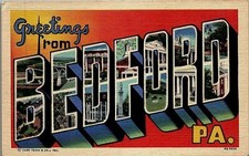 1940s BEDFORD PENNSYLVANIA BOLD LETTER GREETINGS FROM LINEN POSTCARD 20-1