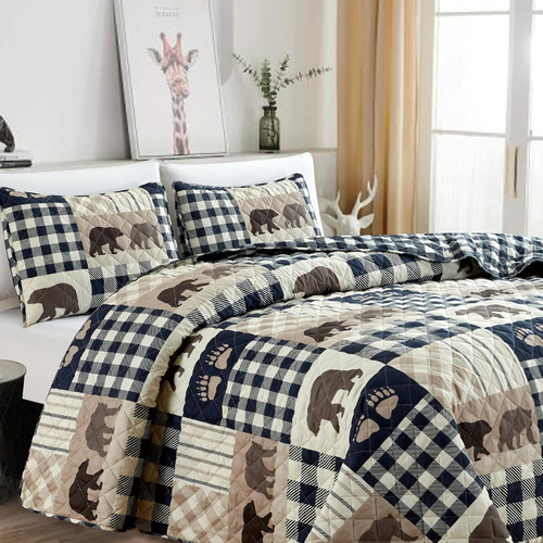 3 Piece Reversible Quilt Set with Sham | Queen Cabin Comforter Set | Rustic Bear - Picture 4 of 7
