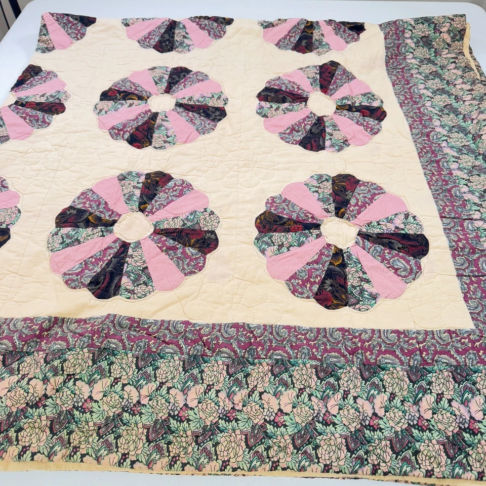 Edredón Queen Dresdan púrpura verde floral patchwork algodón rústico primitivo Foto 2 de 4