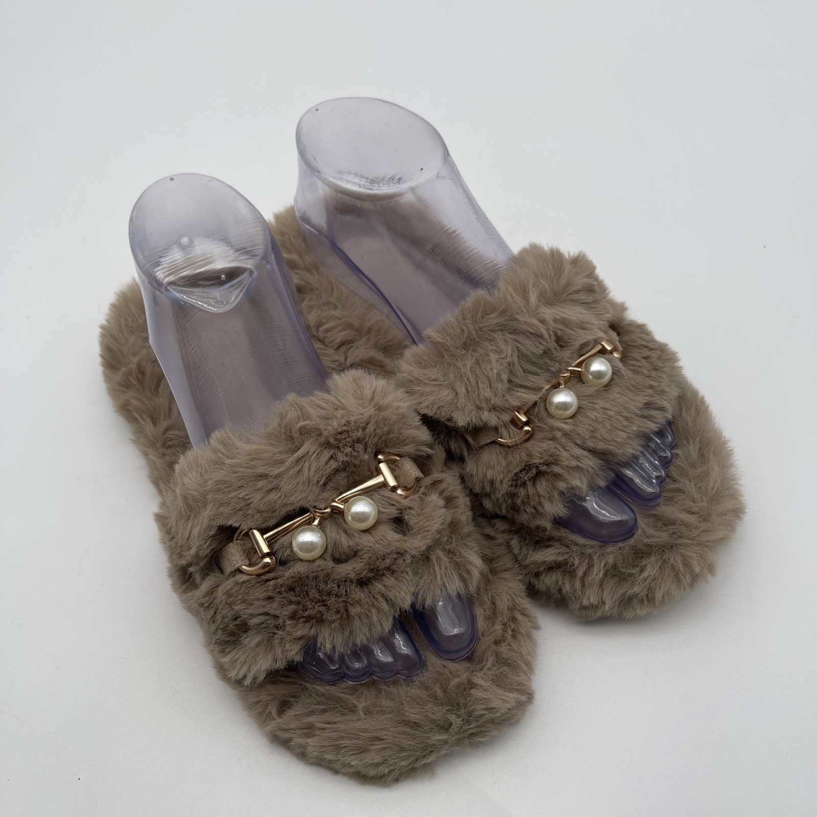 PANTOFOLA D’ORO 2Chic Ciabatte Slip On Donna Marrone Ecopelliccia Fibbia Oro Accento Perla Taglia S