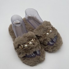 2Chic Brown Faux Fur Gold Buckle Pearl Accent Slip On Slippers Women's Size S
