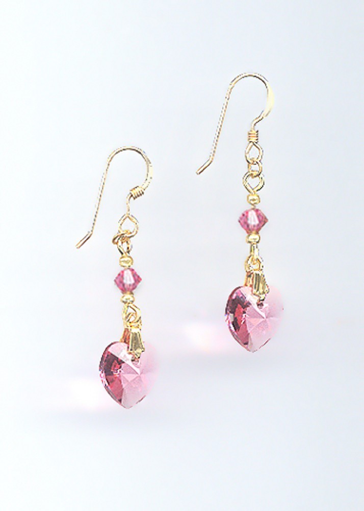 Lovely Gold & Crystal Heart Earrings with ROSE PINK Swarovski Crystals