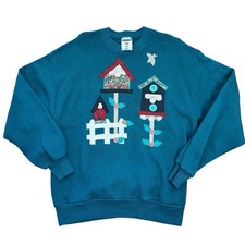 VTG 90s Jerzees Large Womens Sweatshirt Embroidered Appliqued Birdhouse Made USA