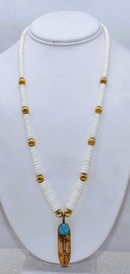 Native American Brass Simulated Turquoise & Natural Stone Donut Beads Necklace