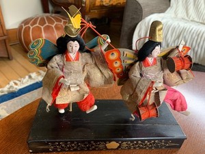 Vintage Japanese Pair Hina Dolls Gofun Butterfly Dancers Handmade on platform