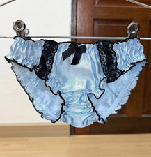 Vintage Shiny Blue Satin Panty Silky Hi Cut Sissy Bikini Floral Lace Brief Sz.5