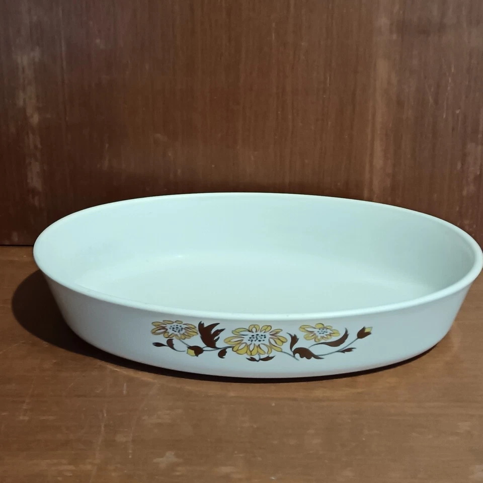 Plat À Gratin Solidex France En Verre Blanc Opale Fleurs Rétro, Marron, Jaune - Photo 1/4