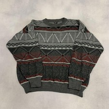Vintage Abstract Knitted Jumper Patterned Grandad Knit Sweater Men's L