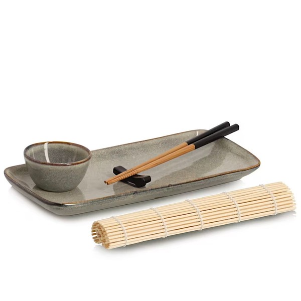 Zeller 26514 Sushi-Set, 5-Tlg., Steingut/Bambus, Ca. 28 X 14 X 2,5 Cm, Ø 7 X ...-image