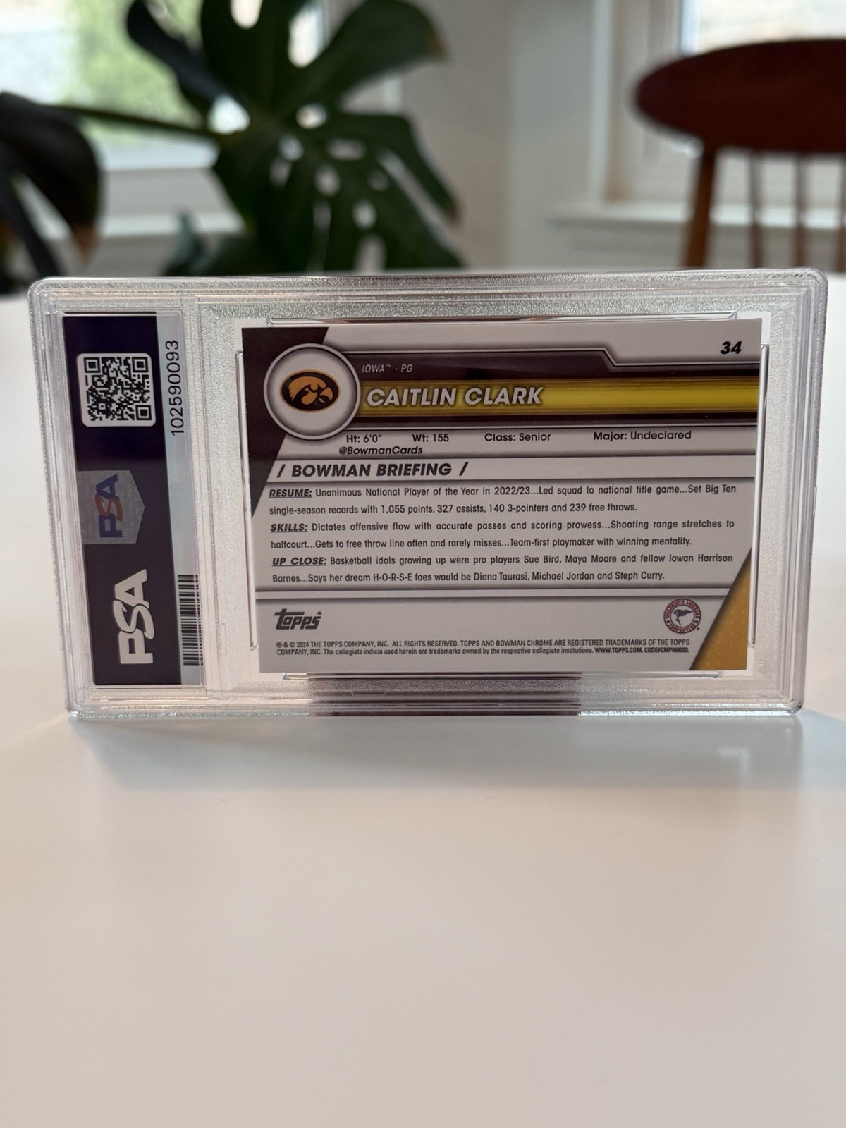 CAITLIN CLARK 2023-24 BOWMAN UNIVERSITY CHROME SAPPHIRE IOWA  PSA 9 view 2