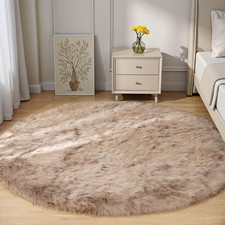 6Ft Round Fluffy Faux Fur Area Rug - Light Brown Beige Shaggy Washable