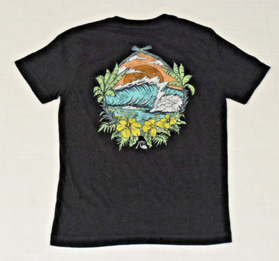 Vintage T-Shirt Quiksilver Size XS Tropical Sunset Wave Black Cotton Front Back
