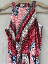 Womens Small Abstract Red Blue Halter Maxi Dress High Neck Button Open Back