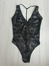 NWT Victoria s Secret Lingerie - Strappy Teddy Sz L - Black Metallic Foil Lace