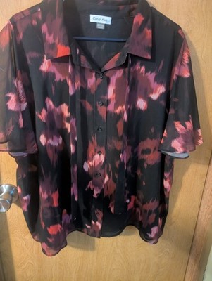 Calvin Klein 1X Plus Abstract Sheer Collared Short Sleeve Button Front Blouse