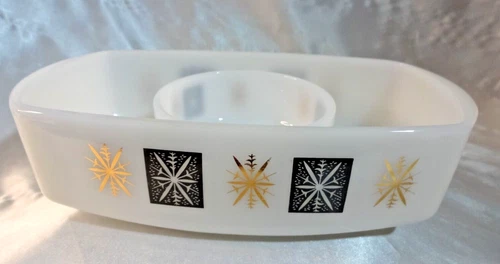 Federal VTG Atomic Starburst Black Gold Loaf Pan 4" Bowl Serving Set Mint MCM