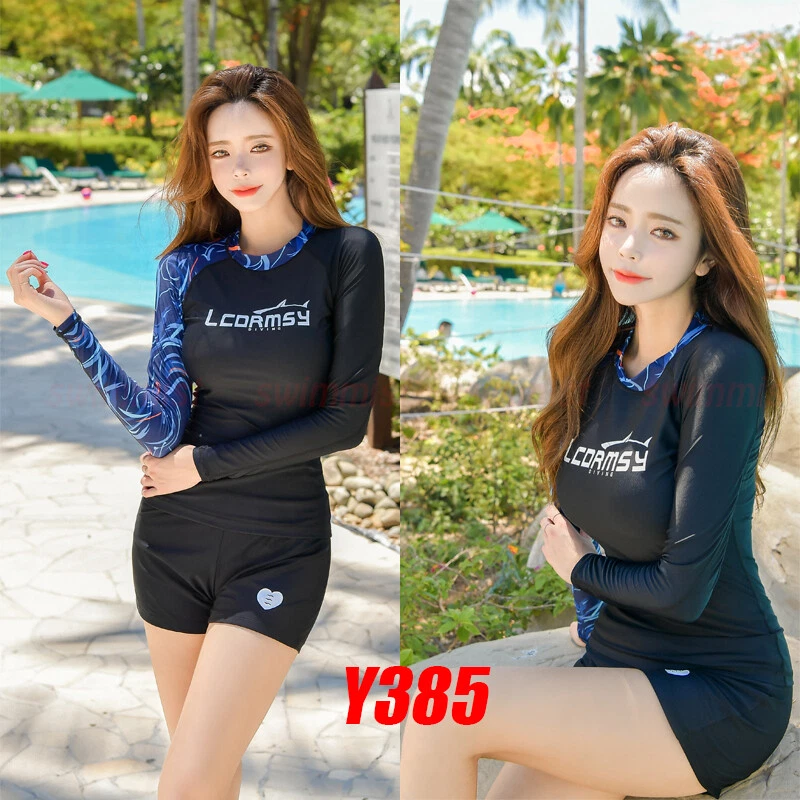 WOMEN'S RASH GUARDS Y385 BEACH LONG SLEEVE SURF WETSUIT SWIM SHIRTS + SHORTS  SET