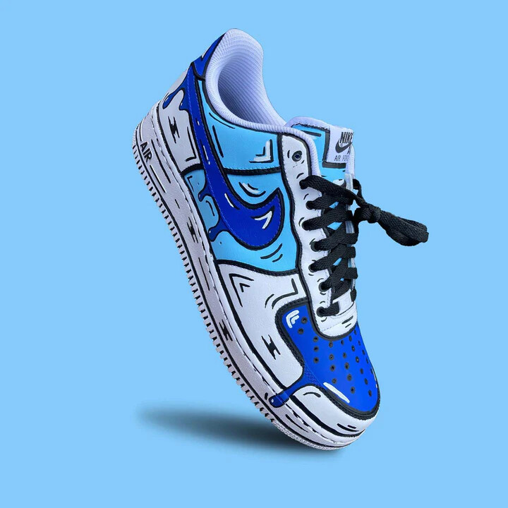 Nike Air Force 1 Custom Shoes Light & Dark Blue Cartoon Black Laces Mens Womens