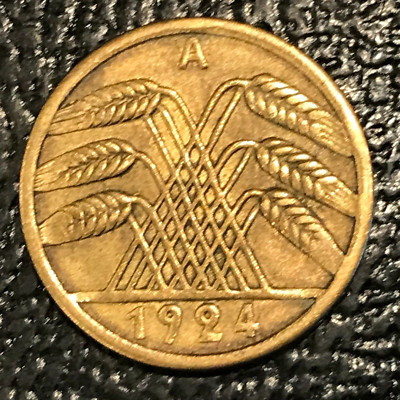 VINTAGE HIGH GRADE 1924 A GERMANY GERMAN 5 RENTENPFENNIG COIN-MAY211