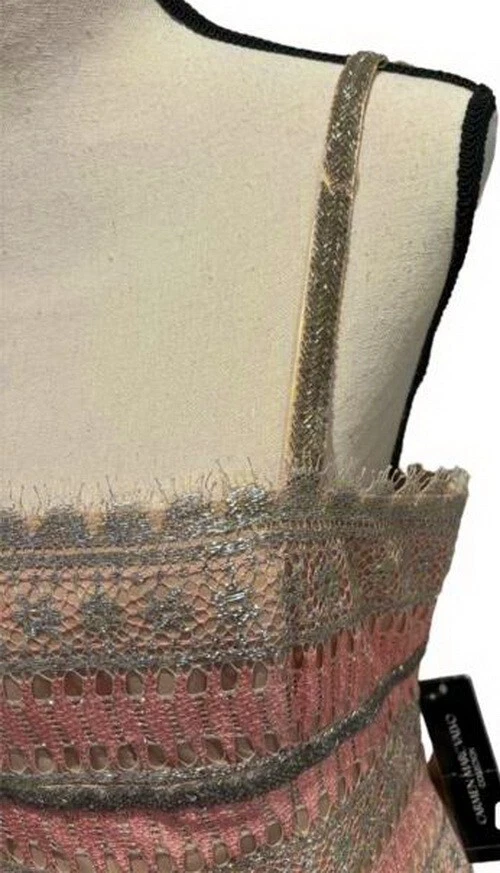 Vestido Carmen Marc Valvo Salmón Plateado Desnudo Metálico Encaje Cuentas Talla 6 $725 Foto 3 de 3