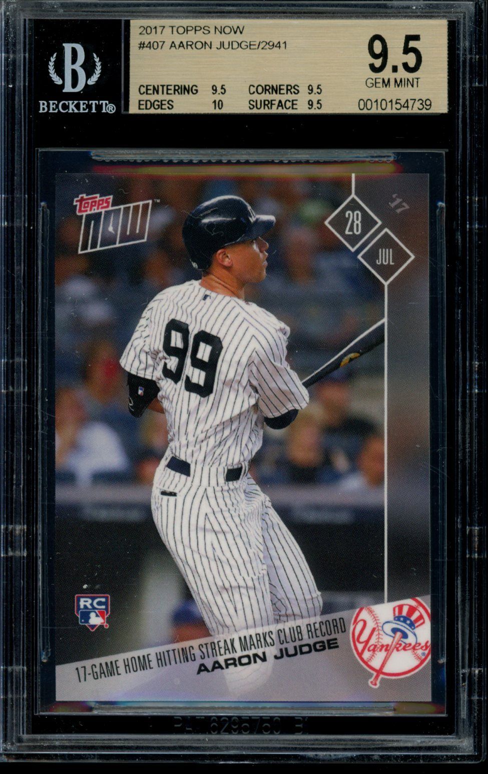 2017 Topps Now #407 Aaron Judge BGS 9.5 Gem Mint RC Rookie Card 10154739