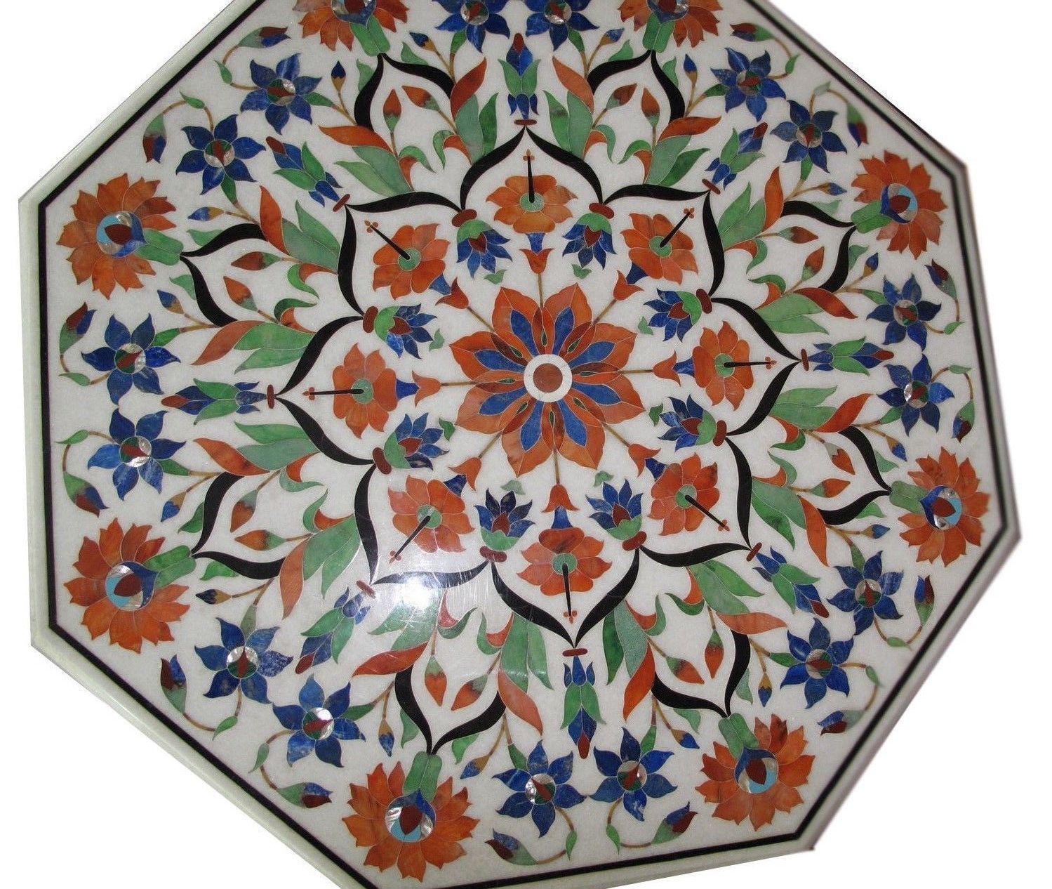 42-Inch Marble Table with Floral Pietra Dura Semi-Precious Stone Inlay
