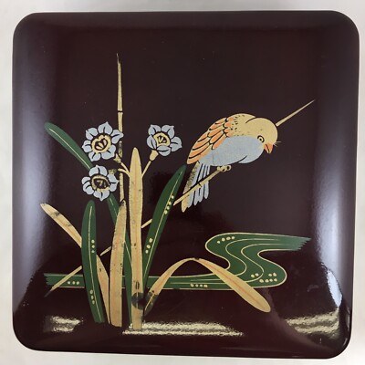 SS Lacquer Ware Japan Dome Lid Footed Square Box Flowers and Bird