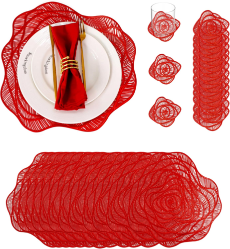 Red Placemats and Coasters Set of 6 Pressed Metallic Vinyl 15 Inch Rose round Di