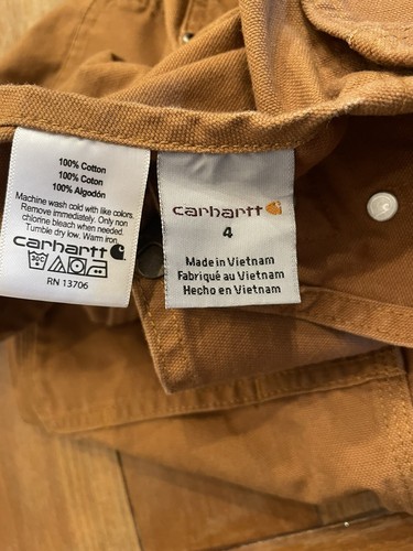 Carhartt Overalls Boys Size 4 Beige Brown Canvas Double Knee Unlined Bibs - Picture 5 of 5