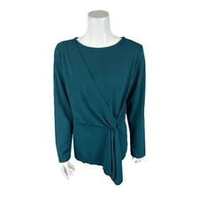 Belle by Kim Gravel Twist Waist Asymmetrical Knit Top Solid Deep Teal Large Size