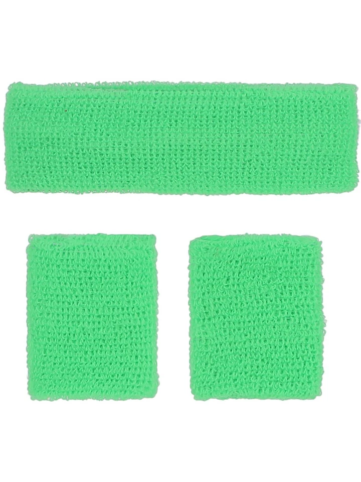Neon Green Sweatbands Headband Wristbands 80's Tennis Hen Party Rave Fancy Dress - Image 2 of 2