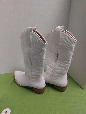 Women's Western White Boots Mid-Calf  Embroidery Cowgirl Zipper USA 6 1.2 