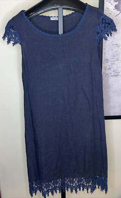 martina innocenti linen dress Martina Innocenti Women's S Blue Linen Dress Lace Cap Sleeves Trim