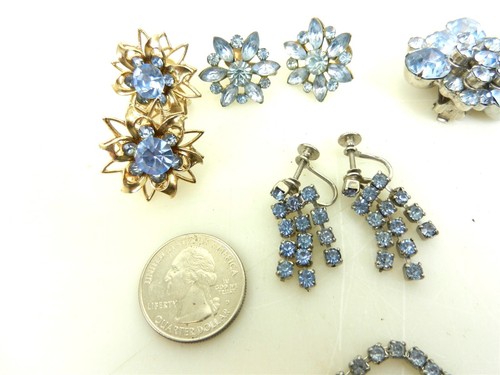 Vtg Pale Blue Rhinestone Jewelry Lot 10 Pcs Earrings Brooches Necklace S37Jj - Picture 2 of 8
