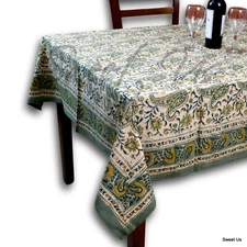 Floral Block Print Cotton Round Tablecloth Rectangle 60x90 Green Yellow Linen