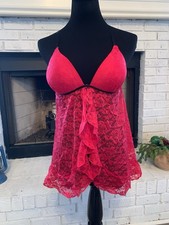 Vintage Secret Treasures Red Sheer Nylon Lace Ruffled Babydoll Nighty Lingerie M