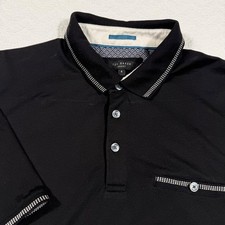 Ted Baker Polo Shirt Men 4 Black Modern Geometric Trim Modal Cotton Short Sleeve