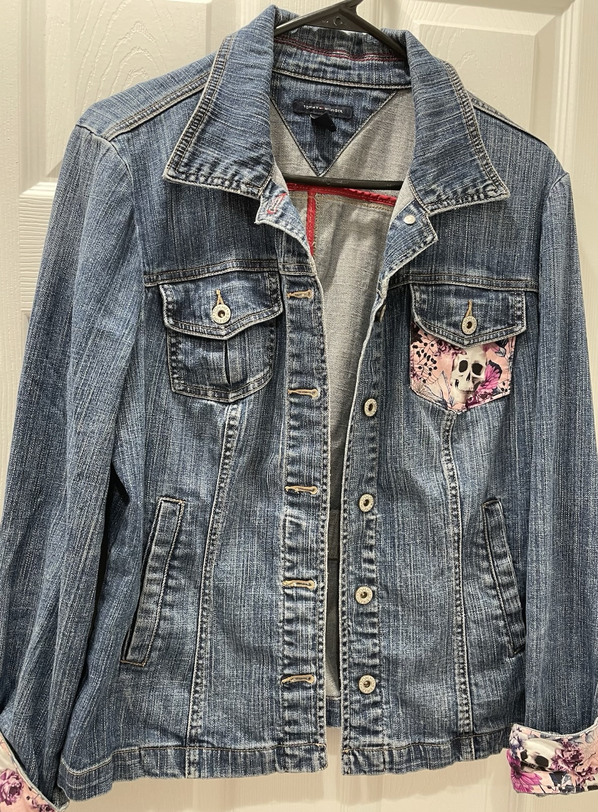TOMMY HILFIGER Women Sz L Custom Denim Jacket Pink Skull Floral Spider Web