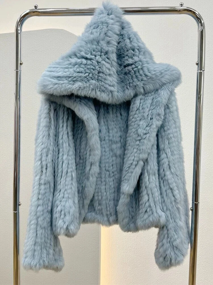 Ladies Coat Real Rabbit Fur Jacket Manual Weaving Hood Flare Sleeves