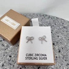 Bow Earrings Sterling Silver White Cubic Zirconia Lake & Gray Studs